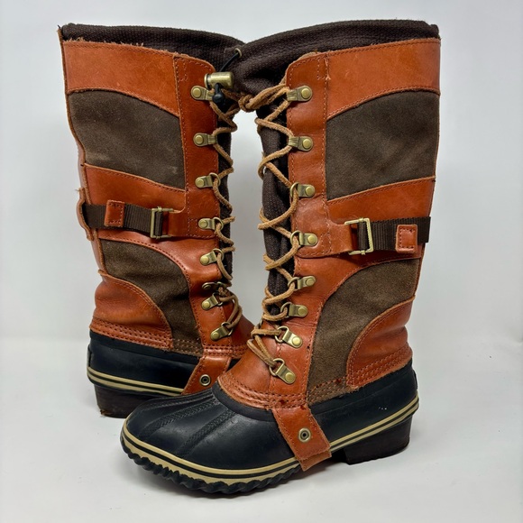 Sorel Conquest Carly II Duck Boots Knee High Lace Up Brown Leather Suede Size 6 - Picture 1 of 10